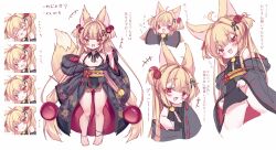 Rule 34 | +++, 1girl, :d, animal ears, bikini, bikini under clothes, black bikini, black kimono, blonde hair, blush, breasts, fang, fox ears, fox girl, fox tail, fuxiyu, highres, japanese clothes, kimono, long hair, long sleeves, multiple views, obi, off shoulder, open mouth, original, red eyes, sash, short eyebrows, simple background, small breasts, smile, swimsuit, tail, thick eyebrows, translation request, very long hair, white background, wide sleeves