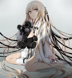 Rule 34 | 1girl, blonde hair, blouse, blunt bangs, grey background, highres, long hair, original, shaded face, shirt, simple background, sitting, solo, swav, very long hair, white shirt