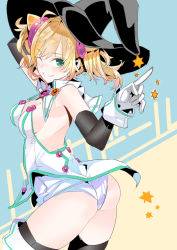 Rule 34 | 10s, 1girl, aqua eyes, ass, bad id, bad pixiv id, blonde hair, breasts, cleavage, detached collar, elbow gloves, gloves, grin, hacka doll, hacka doll 1, hat, looking at viewer, one eye closed, panties, sideboob, smile, solo, star (symbol), tajima ryuushi, teeth, thighhighs, underwear, white panties, witch hat, wrist cuffs