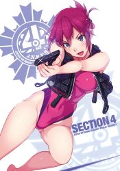 Rule 34 | 10s, 1girl, :d, aiming, arms up, bare legs, barefoot, blue eyes, breasts, competition swimsuit, covered navel, glint, gluteal fold, gun, hair ornament, hair up, handgun, highres, large breasts, leg up, one-piece swimsuit, open mouth, pink hair, pink one-piece swimsuit, pistol, rail wars!, sakurai aoi, scan, short hair, smile, solo, swimsuit, thighs, vania600, vest, weapon, zipper