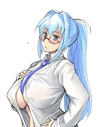 Rule 34 | 1girl, blue eyes, blue hair, blush, breasts, covered erect nipples, glasses, hair intakes, hand on own hip, large breasts, long hair, matching hair/eyes, necktie, ponytail, red-framed eyewear, shirt, simple background, sketch, solo, tsuda nanafushi, white background, white shirt