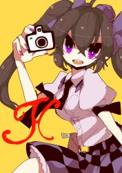 Rule 34 | 1girl, belt, brown hair, camera, checkered clothes, checkered skirt, collared shirt, cowboy shot, hair ribbon, hat, himekaidou hatate, looking at viewer, nail polish, necktie, ngayope, open mouth, pointy ears, pouch, puffy short sleeves, puffy sleeves, purple eyes, purple nails, ribbon, shirt, short sleeves, skirt, solo, tokin hat, touhou, twintails, yellow background, zipper