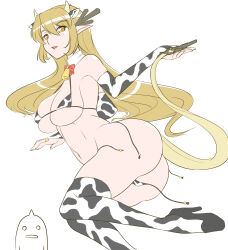 Rule 34 | 1girl, animal ears, animal print, antlers, ass, bare shoulders, bell, bikini, black footwear, blonde hair, bow, bowtie, breasts, bridal gauntlets, cleavage, cow ears, cow horns, cow print, cowbell, detached collar, dragon girl, dragon tail, fingernails, futaba channel, hair between eyes, high heels, highres, horns, jewelry, kouryuu (nijiura maids), large breasts, lips, long hair, lying, micro bikini, midriff, navel, neck bell, nijiura maids, on side, open mouth, pink lips, pointy ears, print bikini, print thighhighs, red bow, red bowtie, ring, ruriwo (ruriwo1894), shoes, simple background, skindentation, solo, swimsuit, tail, thighhighs, thighs, underboob, undone bikini, untied bikini, white background, yellow eyes, yellow horns, yellow tail