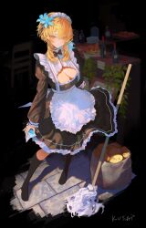 Rule 34 | 1girl, absurdres, apron, bag, black background, black bow, black bowtie, blonde hair, bottle, bow, bowtie, bread, breasts, brick floor, cleavage, cleavage cutout, closed mouth, clothing cutout, food, full body, genshin impact, highres, holding, indoors, juliet sleeves, kayakooooo, large breasts, long sleeves, looking at viewer, lumine (genshin impact), maid, maid apron, maid headdress, medium breasts, medium hair, mop, plant, puffy sleeves, sidelocks, signature, solo, standing, white apron