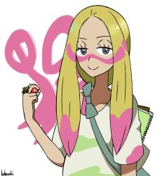 Rule 34 | 1girl, artist name, bag, blonde hair, bra, closed mouth, collarbone, creatures (company), eyelashes, facepaint, game freak, grey eyes, half-closed eyes, highres, holding, holding poke ball, jewelry, kuruto., long hair, looking at viewer, low ponytail, mina (pokemon), nintendo, notepad, oversized clothes, oversized shirt, paint, pink bra, poke ball, poke ball (basic), pokemon, pokemon sm, ring, shirt, short sleeves, simple background, smile, solo, sports bra, standing, strap, trial captain, underwear, upper body, white background, white shirt