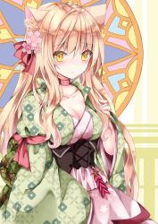 Rule 34 | 1girl, animal ear fluff, animal ears, blonde hair, bow, breasts, cat ears, choker, cleavage, closed mouth, collarbone, colored eyelashes, commentary request, floral print, flower, hair between eyes, hair bow, hair flower, hair ornament, hand up, highres, japanese clothes, kimono, long hair, long sleeves, looking at viewer, medium breasts, nanase kureha, nanase nao, open clothes, original, pink flower, pink kimono, print kimono, red bow, red choker, solo, very long hair, wide sleeves, yellow eyes