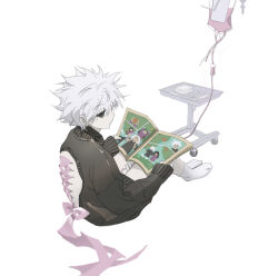 Rule 34 | 1boy, absurdres, back cutout, back piercing, backless outfit, bdsm, black sweater, body piercings, book, box, clothing cutout, corset piercing, full body, grey hair, highres, holding, holding book, hunter x hunter, intravenous drip, killua zoldyck, knees up, long sleeves, looking at viewer, male focus, manga (object), no shoes, open book, piercing, pink ribbon, ribbon, short hair, sideways glance, simple background, sitting, sleeves past wrists, socks, solo, spiked hair, sufferingg, sweater, tray, white background, white hair, white socks
