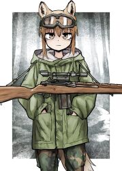 Rule 34 | 1girl, absurdres, animal ear fluff, animal ears, brown eyes, brown hair, camouflage, camouflage pants, closed mouth, commentary request, fox ears, fox girl, fox girl (yihan1949), fox tail, goggles, goggles on head, green jacket, green pants, gun, hair between eyes, hands in pockets, highres, hood, hood down, hooded jacket, jacket, long sleeves, looking at viewer, original, pants, puffy long sleeves, puffy sleeves, rifle, scope, sidelocks, solo, standing, tail, weapon, weapon request, yihan1949, yihan world