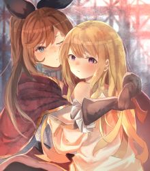 Rule 34 | 2girls, absurdres, bare shoulders, black bow, blonde hair, blue eyes, blush, bow, brown hair, cagliostro (granblue fantasy), clarisse (granblue fantasy), cloak, commentary request, gloves, granblue fantasy, hair bow, highres, hug, long hair, looking at viewer, multiple girls, off shoulder, ponytail, purple eyes, sunawachi yu, yuri