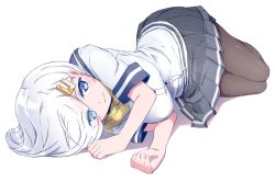 Rule 34 | 10s, 1girl, asaoka (0x0), black pantyhose, blue eyes, blush, breasts, eyes visible through hair, hair ornament, hairclip, hamakaze (kancolle), kantai collection, legs together, looking at viewer, looking away, lying, medium breasts, on side, pantyhose, pleated skirt, school uniform, serafuku, shadow, silver hair, simple background, skirt, smile, solo, white background