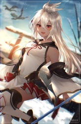 Rule 34 | 1girl, alternate costume, ankle boots, armpit peek, artist name, bad id, bad pixiv id, bare tree, blue sky, blurry, blurry background, boots, breasts, brown footwear, commentary, dark-skinned female, dark skin, dated, day, depth of field, detached sleeves, dragon, dutch angle, granblue fantasy, hair between eyes, highres, holding, holding polearm, holding weapon, kiri ph, leg lift, light particles, long hair, looking at viewer, nontraditional miko, open mouth, outdoors, petticoat, pleated skirt, polearm, red eyes, red skirt, skirt, sky, small breasts, solo, standing, standing on one leg, thighhighs, torii, tree, twitter username, very long hair, weapon, white hair, white thighhighs, zooey (granblue fantasy)