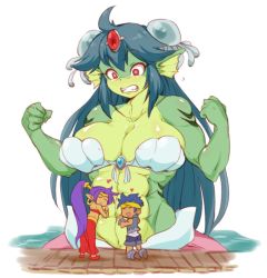 Rule 34 | 1boy, 2girls, ab worship, abs, bikini, bikini top only, blue hair, blush, bolo (shantae), breasts, clenched hands, clenched teeth, closed eyes, closed mouth, colored skin, dark-skinned female, dark-skinned male, dark skin, earrings, fins, forehead jewel, full body, giant, giantess, giga mermaid, green skin, hair pulled back, hand on another&#039;s stomach, hanzo (2929), harem outfit, harem pants, head fins, headband, heart, highres, jewel, jewelry, kneeling, large breasts, long hair, mermaid, midriff, monster girl, multiple girls, muscular, muscular female, navel, open mouth, pants, pointy ears, pointy footwear, ponytail, purple hair, raised eyebrows, red eyes, shantae, shantae: half-genie hero, shantae (series), shell, shell bikini, shiny skin, shoes, short hair, shorts, sidelocks, size difference, smile, standing, surprised, swimsuit, tareme, teeth, toned, very long hair, water, yuri