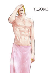 Rule 34 | 1boy, abs, earrings, gild tesoro, green hair, jewelry, male focus, navel, one piece, one piece film: gold, open mouth, ring, river ls, simple background, solo, topless male, towel, white background
