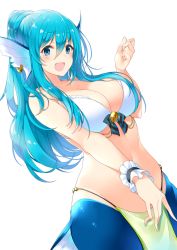 Rule 34 | 1girl, :d, absurdres, animal ears, bad id, bad pixiv id, bare shoulders, bikini, blue eyes, blue hair, blush, breasts, cleavage, commentary request, earrings, fang, fins, hair between eyes, hand up, head fins, highres, jewelry, large breasts, long hair, looking at viewer, mermaid, monster girl, navel, open mouth, original, pelvic curtain, ponytail, simple background, smile, solo, suruga (xsurugax), swimsuit, white background, white bikini, wristband