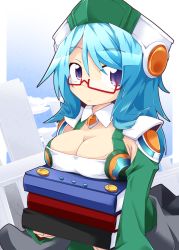 Rule 34 | 10s, 1girl, blue eyes, blue hair, blue sky, book, breast rest, breasts, cardfight!! vanguard, carried breast rest, carrying, cleavage, cleavage cutout, clothing cutout, cloud, day, glasses, hat, long hair, looking at viewer, matching hair/eyes, medium breasts, pillar, quiet sage sharon, reku, shirt, skirt, sky, solo