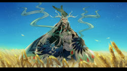 Rule 34 | 1boy, antlers, black hair, blue hair, chinese clothes, eyeliner, eyeshadow, fate/grand order, fate (series), feathers, field, forehead jewel, guan hat, hermithessa, horns, letterboxed, long hair, makeup, male focus, mian guan, multicolored hair, red eyes, shi huang di (fate), shi huang di (third ascension) (fate), smoke, smoking pipe, solo, two-tone hair, very long hair, white hair, wide sleeves