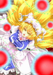 Rule 34 | 1girl, archienemy, arm garter, blonde hair, breasts, danmaku, female focus, fox tail, from above, hands in opposite sleeves, hat, large breasts, long sleeves, looking up, multiple tails, open mouth, short hair, solo, tail, touhou, yakumo ran, yellow eyes