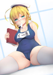 Rule 34 | 1girl, bad id, bad pixiv id, blonde hair, blue eyes, blue one-piece swimsuit, book, breasts, cameltoe, covered navel, glasses, hat, holding, holding book, i-8 (kancolle), kantai collection, large breasts, low twintails, mouth hold, name tag, ne an ito, one-piece swimsuit, red-framed eyewear, sailor hat, school swimsuit, semi-rimless eyewear, sitting, solo, spread legs, swimsuit, thighhighs, twintails, under-rim eyewear, white hat, white thighhighs
