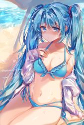 Rule 34 | 1girl, absurdres, ayatsuki sugure, beach, bikini, blue bikini, blue eyes, blue hair, collarbone, commentary, furrowed brow, hair ornament, halterneck, hand on own chest, hatsune miku, highres, jacket, long hair, looking at viewer, navel, ocean, open clothes, open jacket, parasol, seiza, side-tie bikini bottom, sitting, solo, sweat, swimsuit, twintails, twitter username, umbrella, very long hair, vocaloid, white jacket