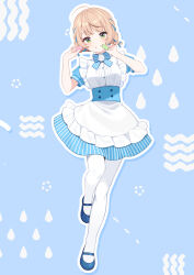 Rule 34 | 1girl, ahoge, apron, blonde hair, blue background, blue bow, blue dress, blue footwear, blunt bangs, bow, bowtie, braid, breasts, commentary request, dress, food, frilled apron, frills, full body, green eyes, grin, highres, holding, holding food, indie virtual youtuber, lawson, looking at viewer, low twintails, macaron, mary janes, medium breasts, official alternate costume, outline, pantyhose, pom pom (clothes), puffy short sleeves, puffy sleeves, self-portrait, shigure ui, shigure ui (vtuber), shoes, short dress, short hair, short sleeves, short twintails, smile, solo, standing, standing on one leg, striped clothes, striped dress, twintails, vertical-striped clothes, vertical-striped dress, virtual youtuber, white apron, white outline, white pantyhose