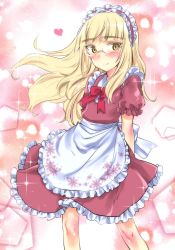 Rule 34 | 1girl, aohashi ame, apron, blonde hair, closed mouth, dress, frilled apron, frills, glasses, heart, highres, long hair, looking at viewer, maid, maid apron, maid headdress, perrine h. clostermann, pink dress, puffy sleeves, red ribbon, ribbon, smile, sparkle, strike witches, world witches series, yellow eyes