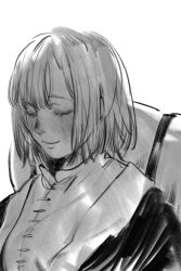 Rule 34 | 1girl, absurdres, ahndory, closed eyes, closed mouth, dappled sunlight, dungeon meshi, falin touden, falin touden (tallman), greyscale, highres, jacket, korean commentary, monochrome, package, short hair, simple background, sketch, smile, solo, sunlight, upper body