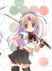 Rule 34 | 1girl, absurdres, black thighhighs, bow, bowtie, comic, contrapposto, cuffs, dated, green eyes, hair ribbon, hato rami, highres, holding, holding sword, holding weapon, huge filesize, katana, long hair, looking at viewer, navel, over shoulder, pink hair, red bow, red bowtie, ribbon, school uniform, short sleeves, skirt, standing, sword, thighhighs, unsheathed, weapon, zettai ryouiki
