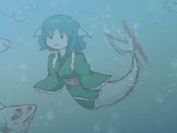 Rule 34 | 1girl, animated, blue hair, fins, fish, fish tail, in water, mermaid, monster girl, slapping, tail, touhou, underwater, wakasagihime, water