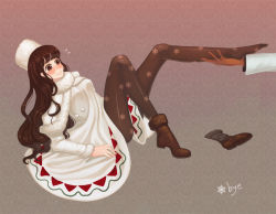 Rule 34 | 1girl, bag, blush, boots, brown eyes, brown hair, bye (lbyel), capelet, cocoa cookie, cookie run, dress, full body, humanization, long hair, long sleeves, pantyhose, personification, snowflake print, solo, unworn boots, very long hair
