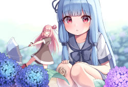 Rule 34 | 2girls, :d, :o, blue hair, blunt bangs, brown dress, closed eyes, commentary request, dress, flower, flower request, hands on own knees, hydrangea, kotonoha akane, kotonoha aoi, long hair, multiple girls, ominaeshi (takenoko), open mouth, outdoors, pink hair, red eyes, sailor collar, short sleeves, siblings, sisters, smile, snail, squatting, umbrella, voiceroid