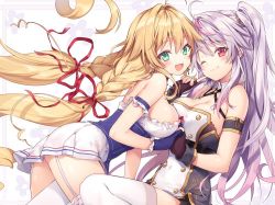 Rule 34 | 2girls, :d, ahoge, azur lane, blonde hair, blush, bow, braid, breasts, cleavage, collarbone, fingerless gloves, garter straps, gloves, green eyes, grenville (azur lane), hair between eyes, hair ornament, holding hands, jacket, large breasts, le temeraire (azur lane), long hair, looking at viewer, multicolored hair, multiple girls, one eye closed, open mouth, purple hair, red eyes, red ribbon, ribbon, riichu, side ponytail, skirt, sleeveless, smile, thighhighs, twin braids, underbust, very long hair, white legwear
