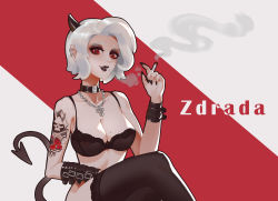 Rule 34 | 1girl, absurdres, arm tattoo, bare shoulders, black bra, black choker, black horns, black nails, black thighhighs, bra, breasts, character name, choker, cigarette, cleavage, collar, collarbone, commentary request, crossed legs, demon girl, demon horns, demon tail, earrings, fingernails, flower tattoo, hand up, helltaker, highres, holding, holding cigarette, horns, jewelry, joker.z, long fingernails, looking at viewer, makeup, mascara, medium breasts, nail polish, necklace, piercing, pointy ears, red eyes, sharp fingernails, shirt, short hair, shoulder tattoo, sitting, skull tattoo, smile, smoke, smoking, solo, spikes, tail, tattoo, thighhighs, underwear, white hair, zdrada (helltaker)