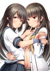 Rule 34 | 10s, 2girls, alternate hairstyle, black hair, blush, brown eyes, commentary request, finger to another&#039;s mouth, hair down, highres, ichikawa feesu, isokaze (kancolle), isonami (kancolle), kantai collection, long hair, looking at viewer, multiple girls, name connection, navel, no bra, open clothes, open shirt, pleated skirt, red eyes, ribbon, school uniform, serafuku, shirt, skirt, smile, yuri