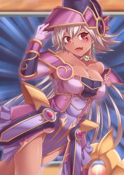 Rule 34 | 1girl, :d, apprentice illusion magician, bare shoulders, blonde hair, blush, breasts, cleavage, collarbone, commentary, cowboy shot, dark-skinned female, dark skin, dress, duel monster, earrings, elbow gloves, english commentary, gloves, hair between eyes, hand on headwear, hat, highres, jewelry, large breasts, long hair, looking at viewer, open mouth, red eyes, smile, solo, thealagator, wizard hat, yu-gi-oh!
