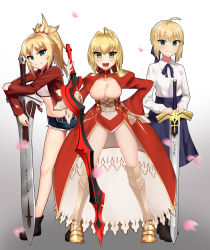 Rule 34 | 10s, 3girls, :d, aestus estus, ahoge, armor, artoria pendragon (all), artoria pendragon (fate), belt, black footwear, black legwear, blonde hair, blue ribbon, blue skirt, boots, braid, breasts, clarent (fate), cleavage, cleavage cutout, clothing cutout, commentary, commission, cowfee, cropped jacket, crown braid, cutoffs, dress, english commentary, excalibur (fate/stay night), fate/apocrypha, fate/extra, fate/stay night, fate (series), full body, gradient background, greaves, green eyes, groin, hair intakes, hair ribbon, hand on own hip, high-waist skirt, highres, jacket, juliet sleeves, large breasts, leaning forward, legs apart, long hair, long sleeves, looking at viewer, micro shorts, midriff, mordred (fate), mordred (fate/apocrypha), mordred (memories at trifas) (fate), multiple girls, nero claudius (fate), nero claudius (fate) (all), nero claudius (fate/extra), open clothes, open dress, open mouth, pantyhose, petals, ponytail, puffy sleeves, red dress, red jacket, red ribbon, ribbon, saber (fate), shirt, short hair, shorts, simple background, skirt, smile, standing, sword, v-shaped eyebrows, weapon, white shirt, wide sleeves
