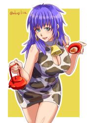 Rule 34 | 1girl, animal print, arc the lad, arc the lad ii, bell, blue eyes, blue hair, blush, breasts, cleavage, cleavage cutout, clothing cutout, cow print, dress, earrings, highres, jewelry, large breasts, long hair, looking at viewer, mole, mole under mouth, open mouth, shante (arc the lad), smile, solo