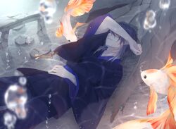 Rule 34 | 1boy, absurdres, closed eyes, closed mouth, crying, fish, goldfish, highres, japanese clothes, long hair, long sleeves, lying, male focus, on back, original, purple hair, tsuki mitsu, underwater, wide sleeves