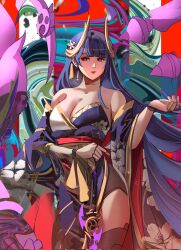 1girl abstract_background alternate_costume bare_shoulders breasts cleavage cowboy_shot doll_joints flower genshin_impact hair_flower hair_ornament hand_up highres japanese_clothes joints kimono large_breasts long_hair looking_at_viewer mole mole_under_eye notgustiarp parted_lips purple_eyes purple_hair raiden_shogun solo sword weapon