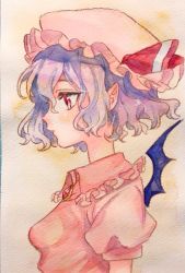 Rule 34 | 1girl, bat wings, bow, breasts, brooch, from side, hat, hat bow, jewelry, mob cap, painting (medium), red bow, red eyes, remilia scarlet, selenium, silver hair, simple background, small breasts, solo, touhou, traditional media, watercolor (medium), white hat, wings