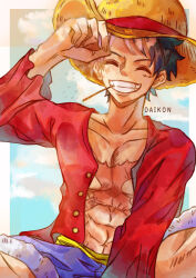 Rule 34 | 1boy, ^ ^, abs, absurdres, artist name, black hair, blue shorts, closed eyes, commentary request, daikon illustrations, hand on headwear, hat, highres, long sleeves, male focus, monkey d. luffy, one piece, open clothes, open shirt, red shirt, sash, scar, scar on chest, scar on face, shirt, short hair, shorts, sky, solo, straw hat, yellow sash