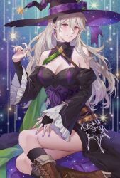 Rule 34 | 1girl, ai tkkm, black dress, black hairband, black headwear, black sleeves, blush, boots, breasts, bridal gauntlets, brown footwear, cleavage, closed mouth, commentary request, corrin (female) (fire emblem), corrin (female) (halloween) (fire emblem), corrin (fire emblem), detached collar, detached sleeves, dress, earrings, fire emblem, fire emblem fates, fire emblem heroes, grey hair, hair between eyes, hairband, halloween costume, hat, highres, jewelry, long hair, looking at viewer, medium breasts, nintendo, official alternate costume, pointy ears, purple nails, red eyes, smile, solo, thighs, wavy hair, witch, witch hat