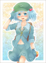 Rule 34 | 1girl, adjusting clothes, adjusting headwear, blue eyes, blue hair, blush, bow, female focus, gift, gloves, hair bobbles, hair bow, hair ornament, hat, highres, kawashiro nitori, key, matching hair/eyes, midriff, navel, sakuyabm, skirt, sleeves rolled up, solo, touhou, twintails, two side up, unbuttoned