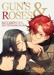 Rule 34 | 1boy, 1girl, asymmetrical bangs, baccano!, bare back, bare shoulders, black hair, brown coat, chane laforet, character name, claire stanfield, coat, collar, collared coat, copyright name, cover, fake magazine cover, glasses, grey background, hand on own chin, hetero, honey dogs, long sleeves, looking at viewer, looking back, magazine cover, parted bangs, red eyes, red hair, round eyewear, short hair, simple background, sleeveless, smile