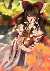 Rule 34 | 1girl, ascot, autumn leaves, blurry, blurry background, blush, bow, brown eyes, brown hair, covering own mouth, frilled shirt collar, frills, gohei, hair between eyes, hair bow, hair tubes, hakurei reimu, highres, long hair, looking at viewer, meji aniki, nontraditional miko, red bow, red skirt, red vest, ribbon-trimmed sleeves, ribbon trim, skirt, solo, touhou, vest, wide sleeves