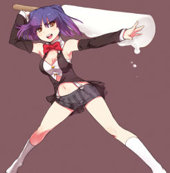 Rule 34 | 1girl, bad deviantart id, bad id, bare shoulders, bow, bowtie, breasts, cleavage, detached sleeves, female focus, food, gradient hair, legs apart, medium breasts, melting, midriff, multicolored hair, naso4, navel, open mouth, original, oversized object, popsicle, short shorts, shorts, simple background, socks, solo, suspenders, white socks, yellow eyes