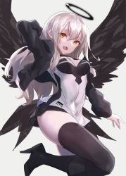 Rule 34 | 1girl, angel wings, arm at side, arm behind head, arm up, bad id, bad pixiv id, black footwear, black halo, black jacket, black thighhighs, black wings, boots, breasts, cancell, cleavage, cleavage cutout, clothing cutout, covered navel, dark halo, dress, fallen angel, fang, hair between eyes, halo, high heel boots, high heels, jacket, knee boots, long hair, long sleeves, looking at viewer, medium breasts, open clothes, open jacket, open mouth, orange eyes, original, short dress, simple background, solo, spread wings, thighhighs, white dress, white hair, wings, yellow eyes