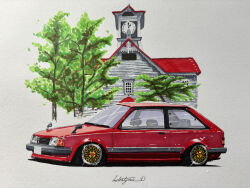 Rule 34 | absurdres, car, church, from side, glint, highres, kulistynu, mazda, mazda familia, motor vehicle, no humans, original, signature, stance (vehicle), traditional media, tree, vehicle focus