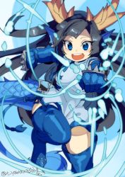 Rule 34 | 1girl, :d, bad id, bad pixiv id, black hair, blue dress, blue eyes, blue footwear, blue gloves, blue thighhighs, boots, brass knuckles, china dress, chinese clothes, dragon girl, dragon horns, dragon tail, dress, elbow gloves, fins, gloves, head fins, horns, karin (p&amp;d), leg up, long hair, open mouth, puzzle &amp; dragons, scales, short dress, smile, solo, spikes, tail, thighhighs, twitter username, weapon, yamanashi taiki
