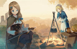 Rule 34 | 2girls, bad id, bad pixiv id, blonde hair, blue eyes, bread, brown hair, campfire, cape, capelet, commentary, cooking, fantasy, fire, flower, food, gloves, hair flower, hair ornament, long hair, multiple girls, original, outdoors, pot, sharpening, sitting, sword, tripod, weapon, yoshitake