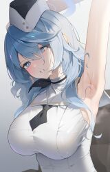 Rule 34 | 1girl, absurdres, ako (blue archive), armpits, arms up, bare shoulders, blue archive, blue eyes, blue hair, blush, breasts, clenched teeth, dress, garrison cap, hair between eyes, halo, hat, highres, jeon-eo konoshiro, large breasts, long hair, looking at viewer, necktie, solo, sweat, teeth, utnapishtim operator uniform (blue archive), white dress, white hat